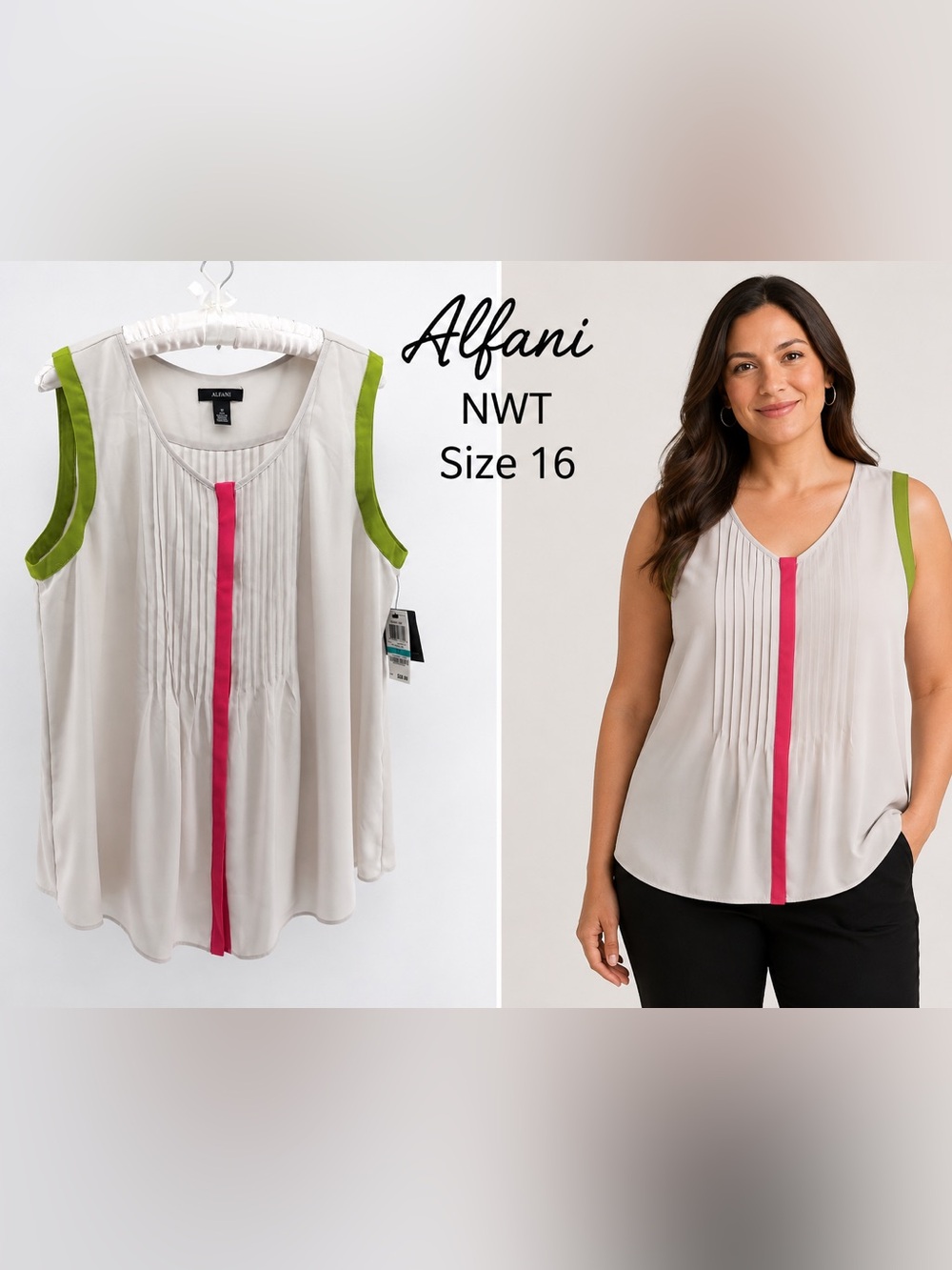 Alfani Women’s Size 16 Ivory Pleated Sleeveless Blouse Colorblock NWT Office